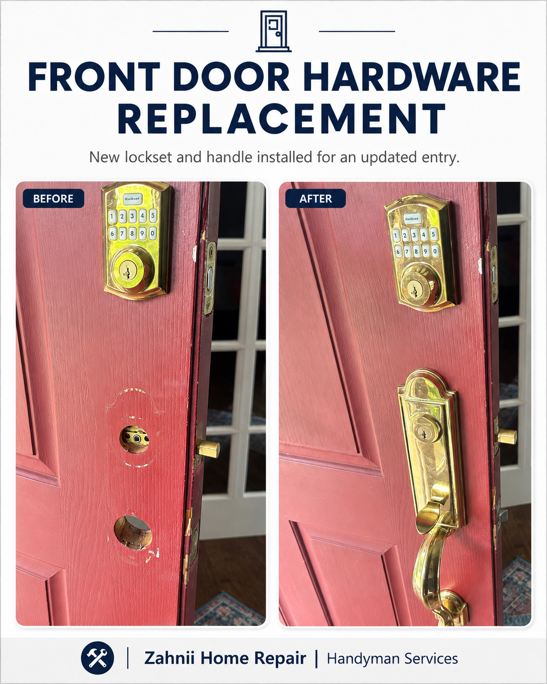 Front door hardware replacement project by Zahnii Home Repair